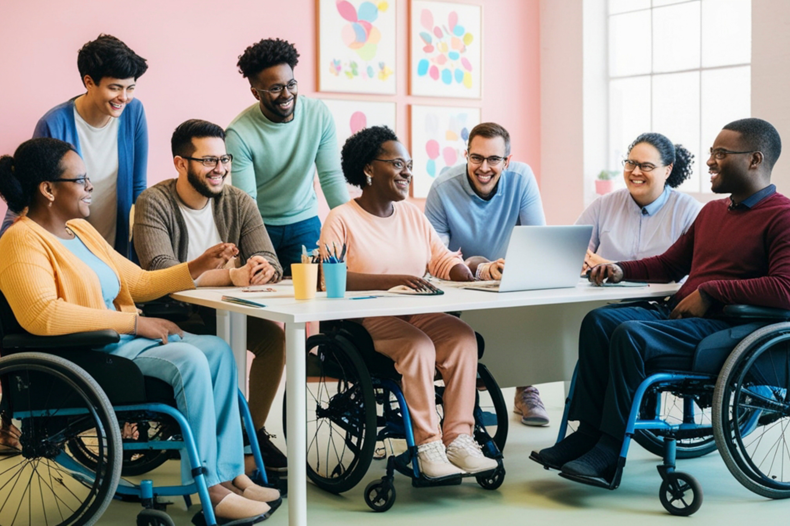 A group of people with diverse races and abilities around a conference table in an office setting.