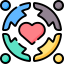 four people holding hands with a heart in the centre.