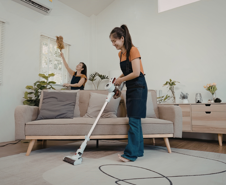 Woman cleaning living room with vacuum